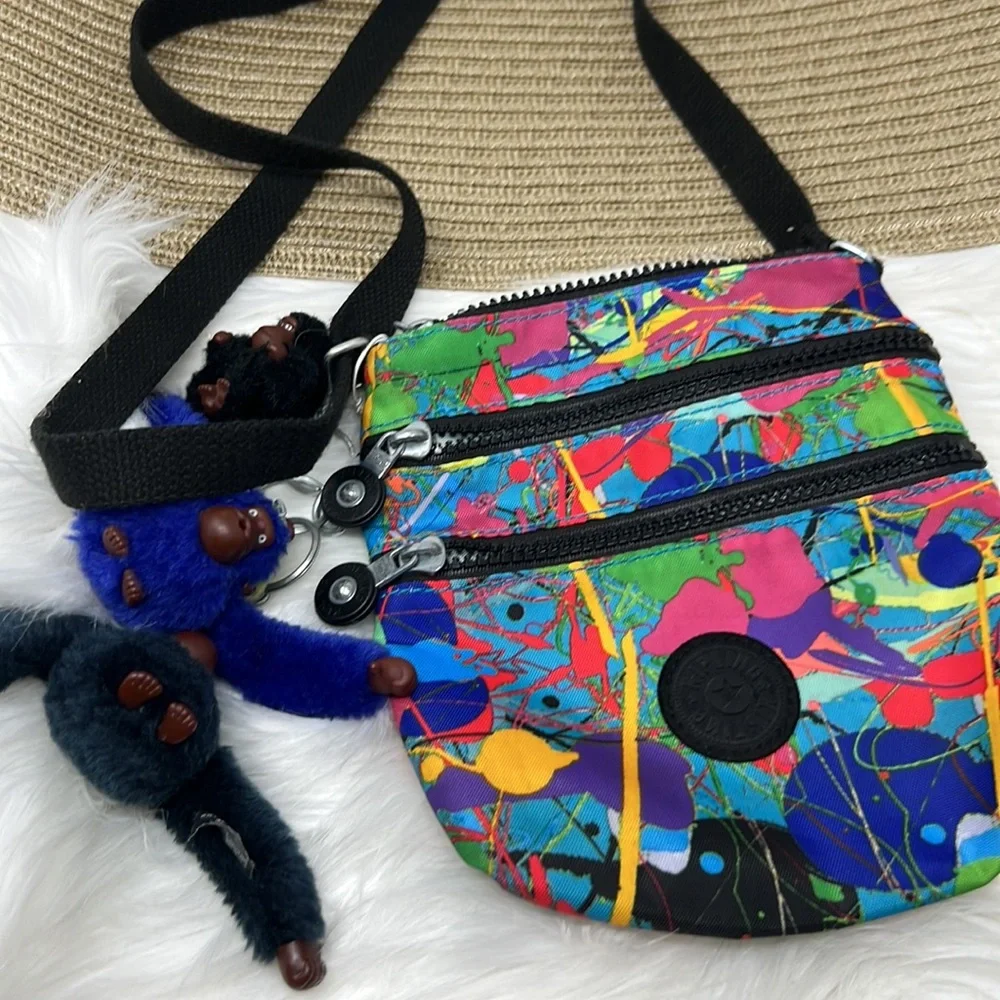 Kipling paint splash Crossbody Purse Handbags Key Chain W/Monkeys Collectible